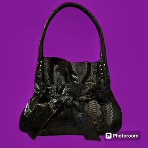 PERLINA Large Black Leather Python Snakeskin Bow Hobo Shoulder Bag